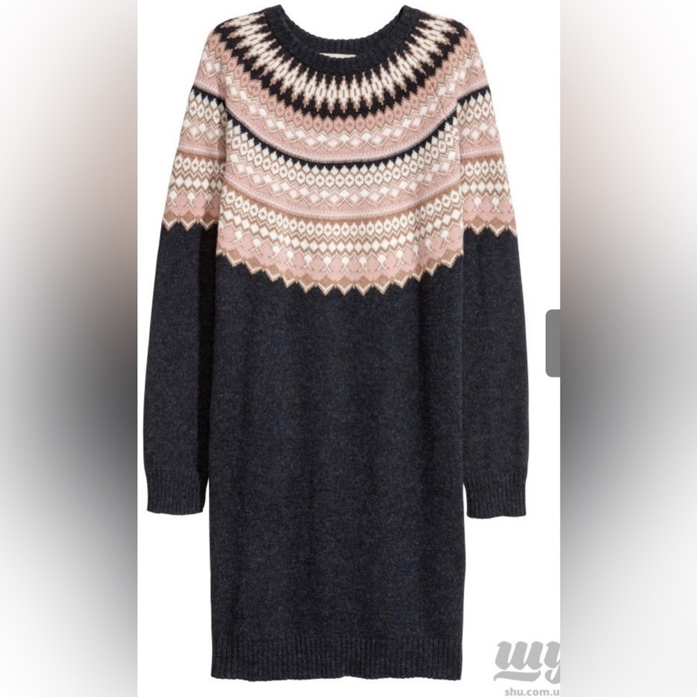 L.O.G.G H&M Sweater Dress Fair isle Nordic Alpaca Blend Size S Crewneck Ski Knit - Picture 1 of 5